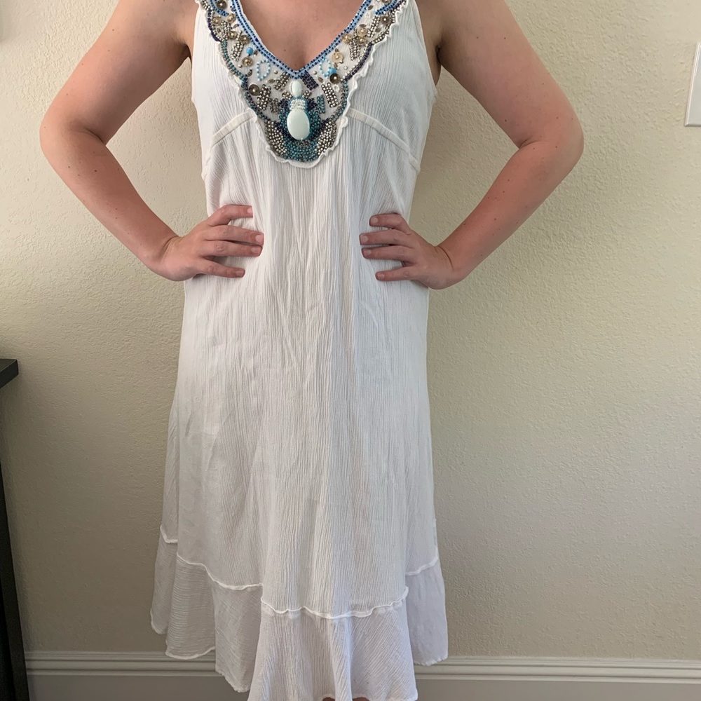 BCBG irls maxi dress Women's Medium (6/8) White crepe beaded BOHO lined sundress - Picture 2 of 14